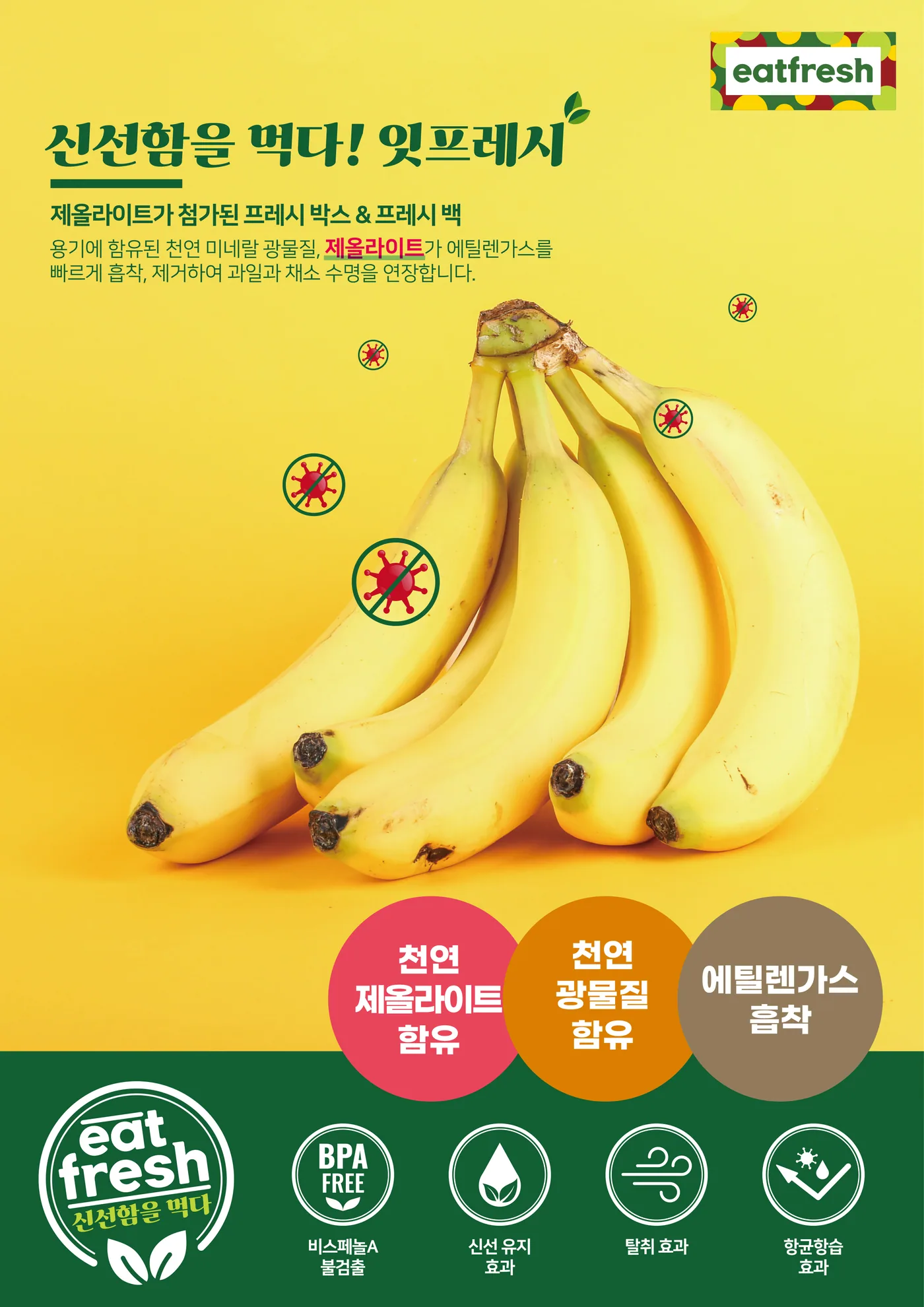 잇프레시 A4 전단 앞면 — 제올라이트 에틸렌가스 흡착 원리 설명